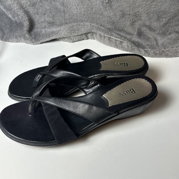 Bass Women's Heather Thong Sandals Black Leather Wedge Flip Flop Boho City Y2K 9 - Picture 14 of 16